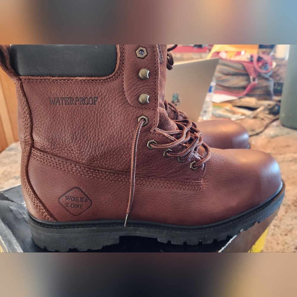 Men's Brown Waterproof LEATHER Steel Toe Work Zone Boots Size 13 NIB